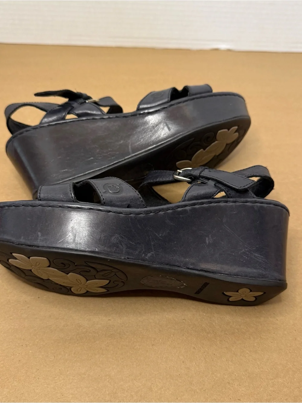 Born Black Leather T-Strap Wedge Sandals